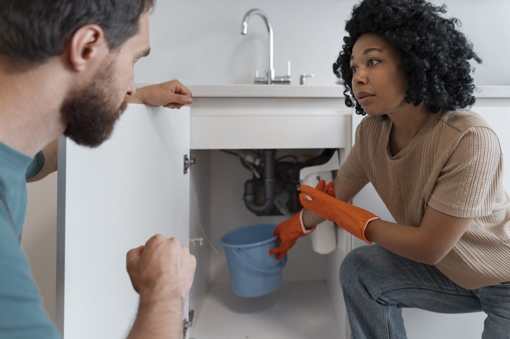 Plumber talking with a homeowner about a leak under a kitchen sink