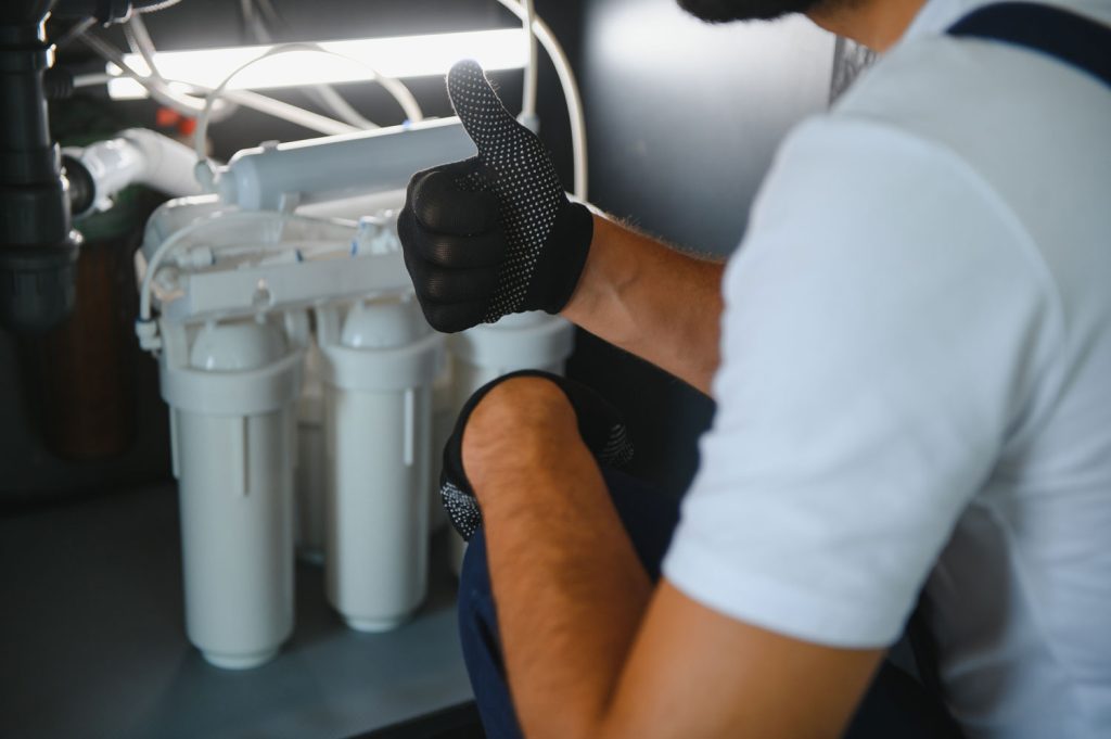 Plumber giving a thumbs up next to an under-sink water filtration system